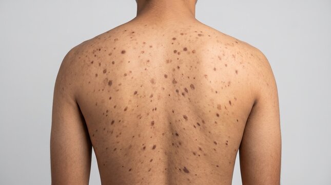 Multiple dark spots acne scars and hyperpigmentation on male back