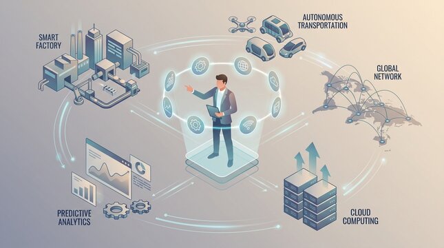 Business leader orchestrating smart technology ecosystem with cloud computing with depicts professional overseeing futuristic digital ecosystem integrating smart factories