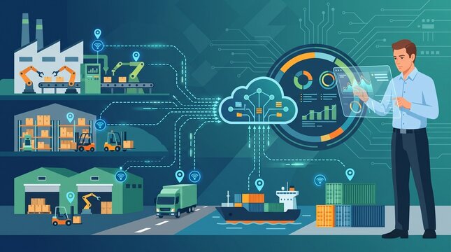 Professional analyzing smart industrial supply chain network with iot data visualization with depicts specialist examining interconnected industrial IoT system