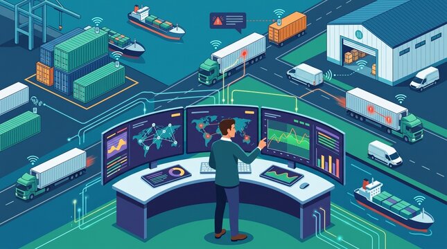 Professional analyzing global supply chain operations with advanced digital dashboard with real time tracking systems high tech control center specialist monitoring interconnected