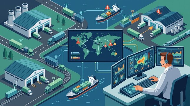 Professional monitoring global supply chain operations with analytics dashboard with depicts logistics specialist overseeing worldwide shipping routes