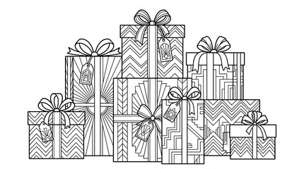 Naklejka premium Art Deco Style Gift Boxes with Ribbons and Tags, Black and White Line Illustration for Coloring, Festive Celebration Design Elements