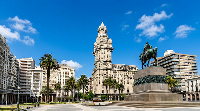 Scenic Plaza Independencia featuring the Palacio Salvo and Artigas monument in Montevideo Uruguay a key site for independence day celebrations
