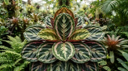 Fototapeta premium Exotic Calathea Plant with Striking Leaf Patterns in Lush Greenhouse.