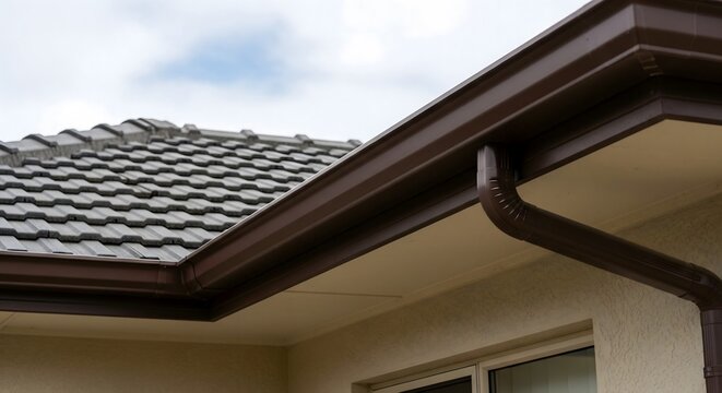Modern house roof with brown rain gutter and tile shingles