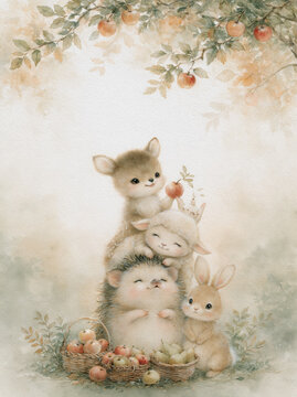 Cute forest animals gather apples beneath a gentle orchard canopy.