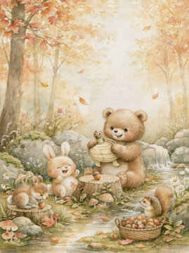 Cheerful forest friends collect acorns beside a flowing stream.