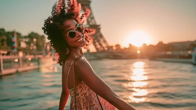 Paris, France, Europe. A vibrant, sunlit portrait of a woman standing in front of the Eiffel Tower in Paris, France. She wears a floralpatterned dress, round sunglasses, and dangling earrings.