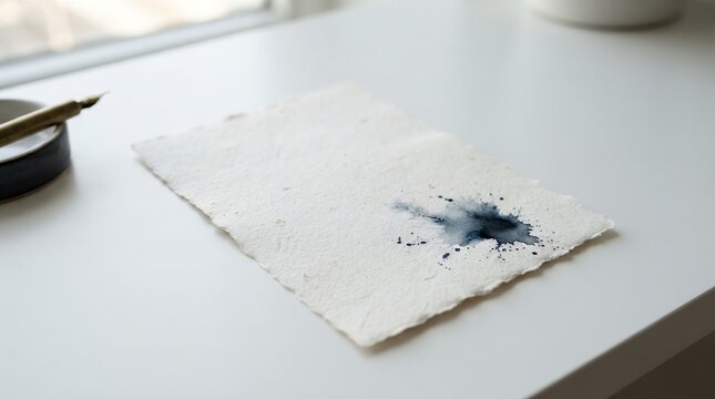 Ink spill on paper with fountain pen and inkwell on desk.