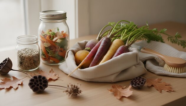 Fresh Organic Heritage Carrots and Eco Friendly Jars on Wooden Counter
