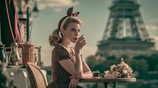 Paris, France, Europe. A woman sits at a table in a Parisian cafe, holding a cup of coffee. She wears a vintagestyle dress with a floral pattern and a matching headband with a bow.