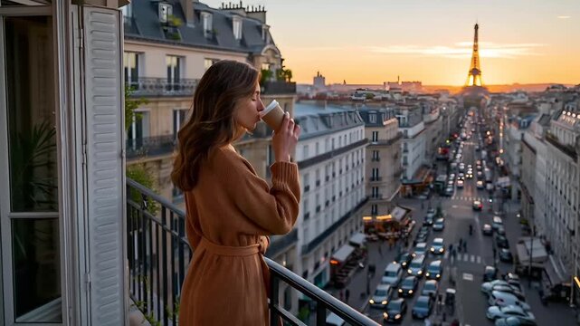 Paris, France, Europe. A vivid portrayal of a woman standing on a balcony overlooking a bustling Parisian cityscape at sunset. The Eiffel Tower stands majestically in the background.