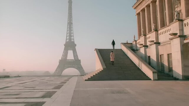 Paris, France, Europe. A cinematic photograph captures a serene Parisian scene. The Eiffel Tower stands tall against a hazy sky, its intricate lattice pattern clearly visible.