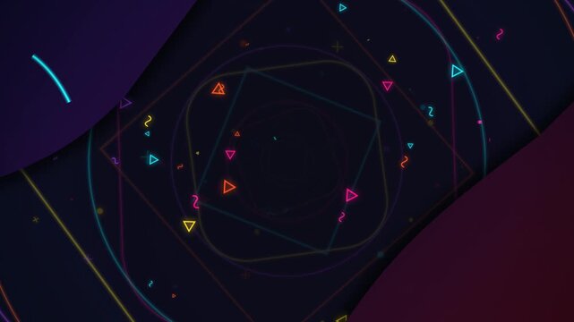 Abstract neon geometric tunnel animation with retro Memphis style shapes flying through a dark space