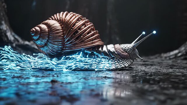 Mechanical snail with copper shell moving with blue electric trails in dark setting.