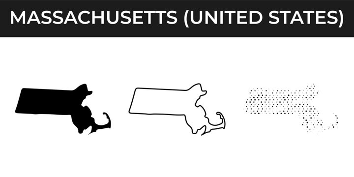 Massachusetts map silhouettes outline the state boundaries in different artistic graphic visual styles.