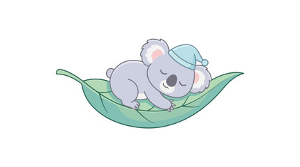 Naklejka premium Cute Cartoon Koala Sleeping on Green Leaf Vector Illustration