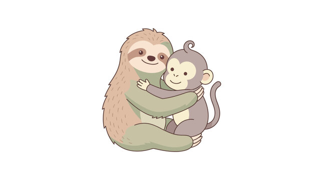 Adorable sloth and monkey friends hugging illustration