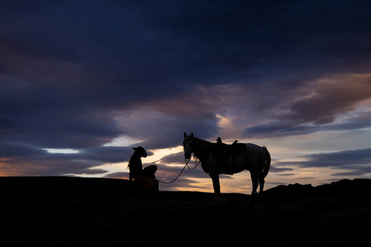Wyoming Cowgirl sitting on rock horse silhouette 