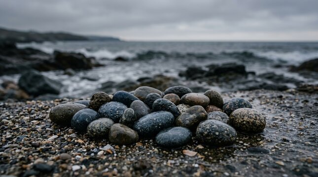 Pile of smooth wet stones on a pebble beach with ocean waves in the background.