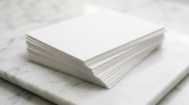 Stack of blank white business cards on a marble surface.