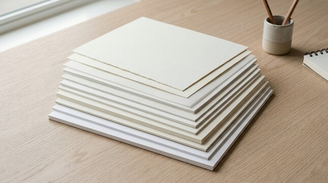 Stack of blank white paper sheets on a textured surface with pencils and notebook.