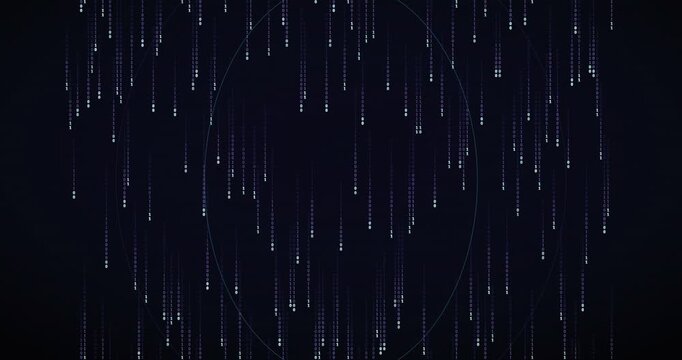 Binary code rain animation falls slowly through a deep violet mainframe background with a center-depth tunnel effect.