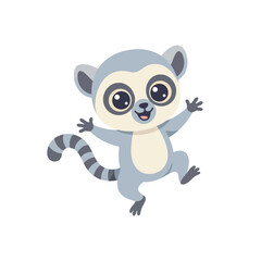 Naklejka premium Happy cartoon lemur character with striped tail waving hands
