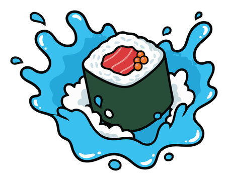 Sushi roll splash seafood japanese food illustration. Generative AI