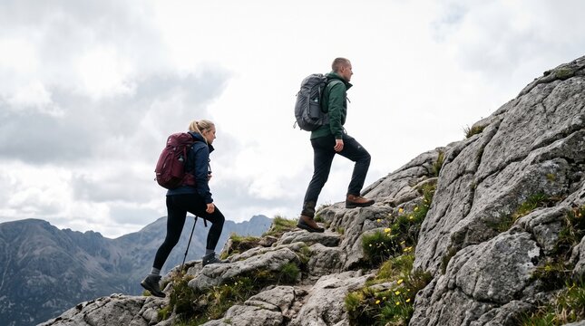 Adventurous pair embarks on a strenuous mountain ascent, navigating a rocky trail amidst stunning natural landscapes, an exhilarating outdoor challenge