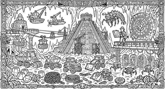 Die verlorene Stadt Atlantis, handgezeichnete Cartoon-Umrisszeichnung, Strichzeichnung, Malvorlage f&uuml;r Kinder