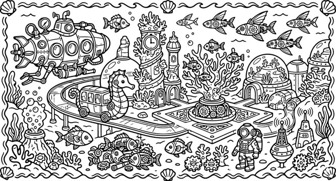 Die verlorene Stadt Atlantis, handgezeichnete Cartoon-Umrisszeichnung, Strichzeichnung, Malvorlage f&uuml;r Kinder
