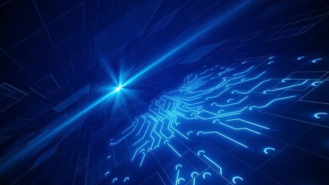 Glowing blue circuit paths spread from a brighter energy point across a digital board, creating a futuristic background for computing, artificial intelligence, data transfer, networks, and 19.