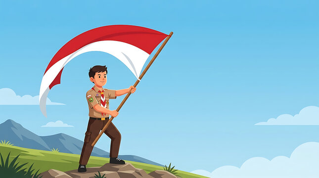 Pramuka Indonesian Flag Carried by a Scout Boy Proudly Holding it on a Mountain Landscape for Independence Day