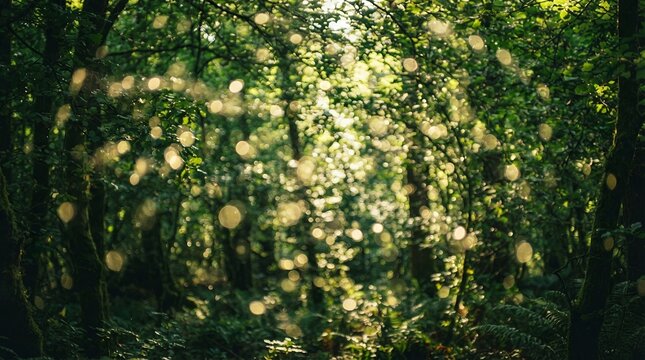 Sunlight filtering through lush green forest canopy creating dappled light effect.