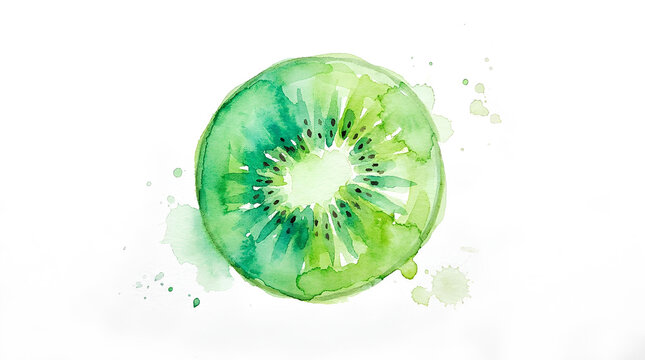 Watercolor kiwi slice illustration on white background.