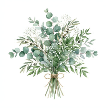 Elegant eucalyptus greenery bouquet watercolor clipart isolated on white background