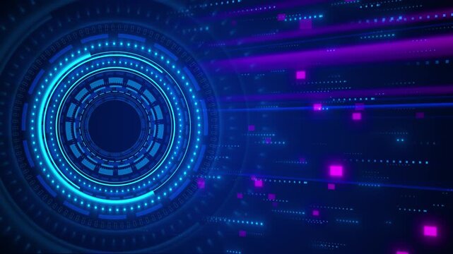 Blue circular HUD interface glows near flowing magenta data blocks, creating a futuristic dashboard background for analytics, scanning, artificial intelligence, networks, and digital control displays.