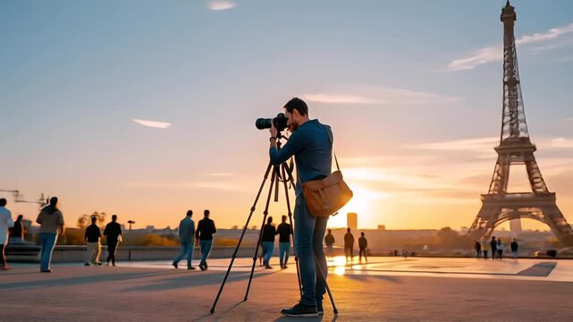 Paris, France, Europe. A vivid portrayal of a man photographing the Eiffel Tower at sunset. The sky is a gradient of orange and blue, with the sun casting a warm glow over the scene. The man.