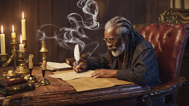 old philosopher writing on paper in library.ai 