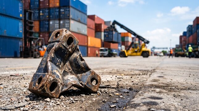 Broken metal shipping container part on harbor terminal ground