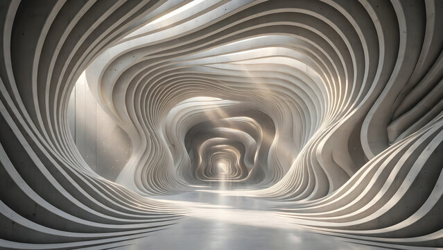 Modern abstract corridor featuring flowing layered curves, soft sunlight, and futuristic parametric architecture in a clean minimal style.
