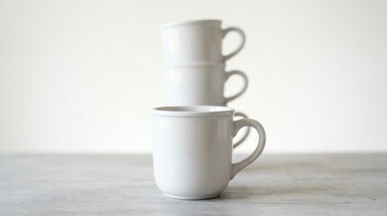 Fototapeta premium Minimalist Stack of White Ceramic Coffee Mugs on a Neutral Grey Surface in Bright Light