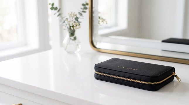 Professional cosmetic organizer case on modern white vanity table