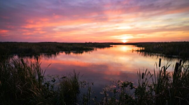 Vibrant Sunset Over Calm Water Reflecting Colorful Sky and Marshland.