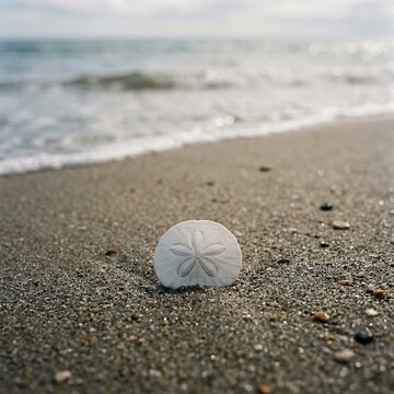 A single sand dollar rests on a wet sandy beach with gentle waves in the background.