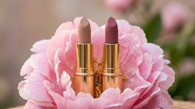 Elegant Beauty Composition with Two Luxury Lipsticks Nestled in a Soft Pink Blooming Peony Flower