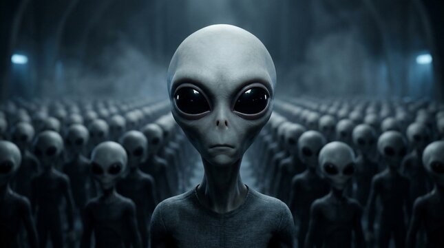 Cinematic depiction of a grey alien army standing in formation within a dark foggy spaceship interior featuring dramatic lighting