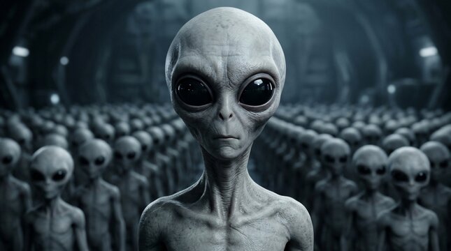 An army of grey alien beings standing in formation inside a futuristic spaceship interior