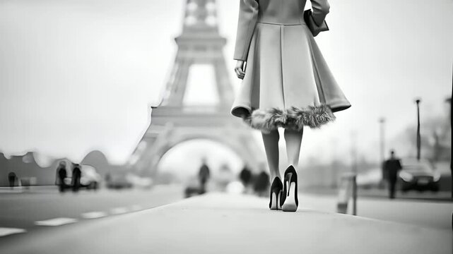 Paris, France, Europe. A monochromatic, highresolution photograph captures a womans legs and feet standing on a sidewalk. The Eiffel Tower is visible in the background.